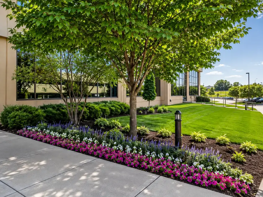 Corporate campus walkway with layered shrubs and color — HOA & Commercial Properties