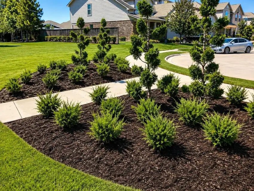 Community entrance bed with conifers and shrubs along a curved walkway — HOA & Commercial Properties