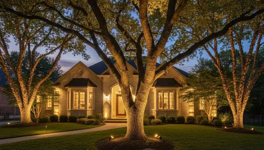 Home facade and mature oak lit by low-voltage uplighting — Landscape Lighting